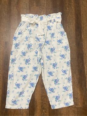 Stefano Cotton Floral Pants White/Blue Paperbag Elastic Pull-On Tie, 18/20
